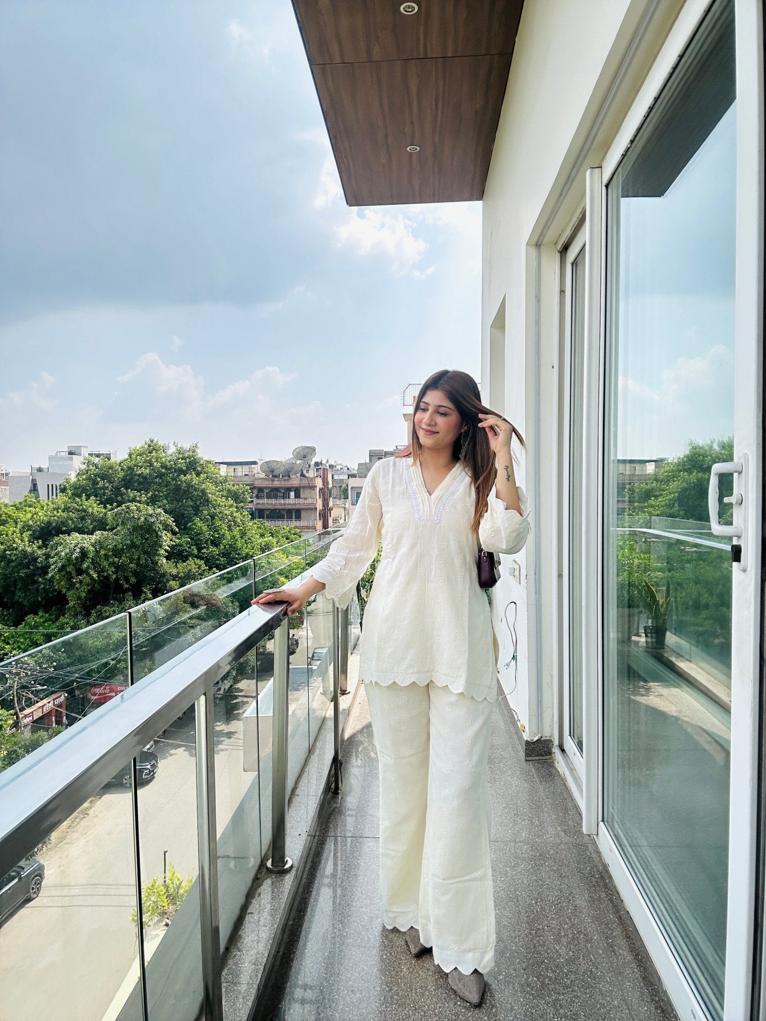 Women's White Embroidered Kurta Set – 2 Piece Cotton Co - ord with Scallop Detailing - Vibes and Petals