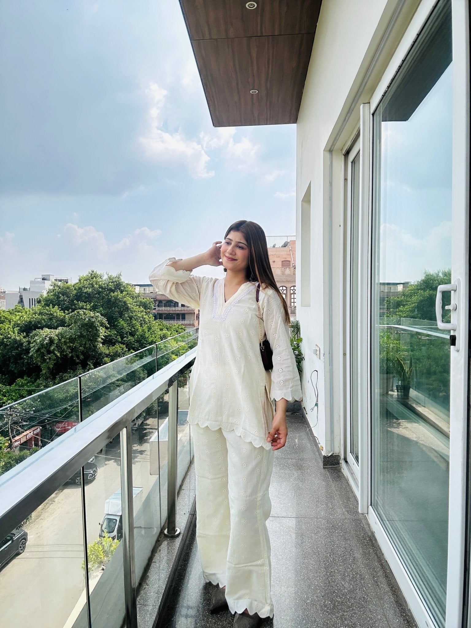 Women's White Embroidered Kurta Set – 2 Piece Cotton Co - ord with Scallop Detailing - Vibes and Petals