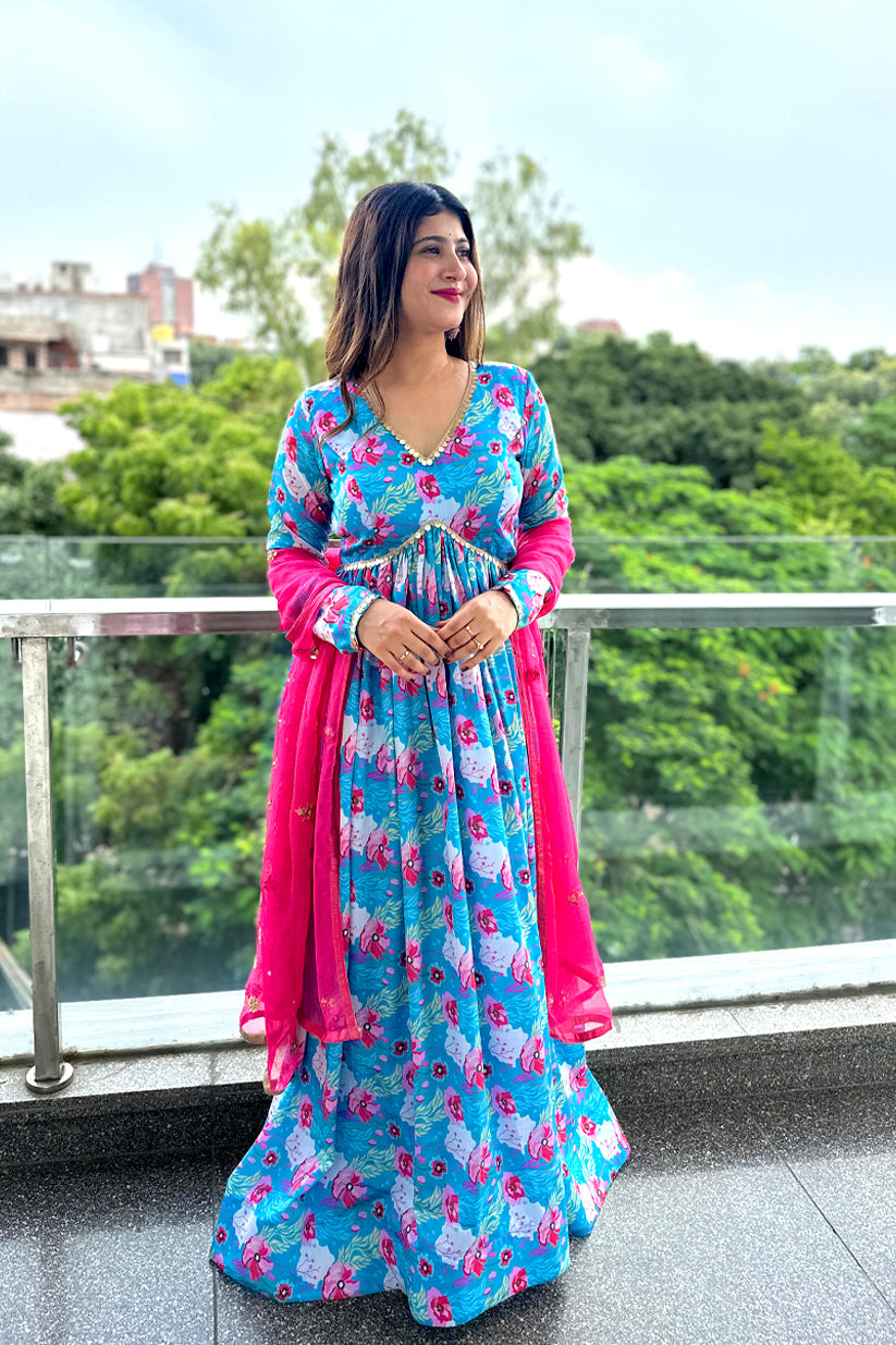 Tropical Bloom Crepe Maxi Dress – Floral Blue & Pink One Piece
