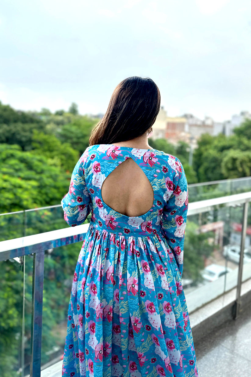 Tropical Bloom Crepe Maxi Dress – Floral Blue & Pink One Piece