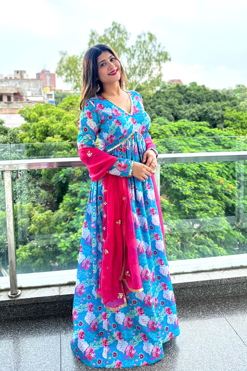 Tropical Bloom Crepe Maxi Dress – Floral Blue & Pink One Piece