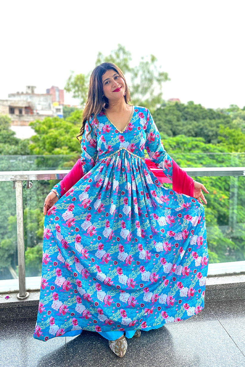 Tropical Bloom Crepe Maxi Dress – Floral Blue & Pink One Piece