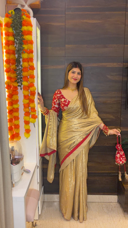 Golden Shimmer Saree with Red Border & Potli