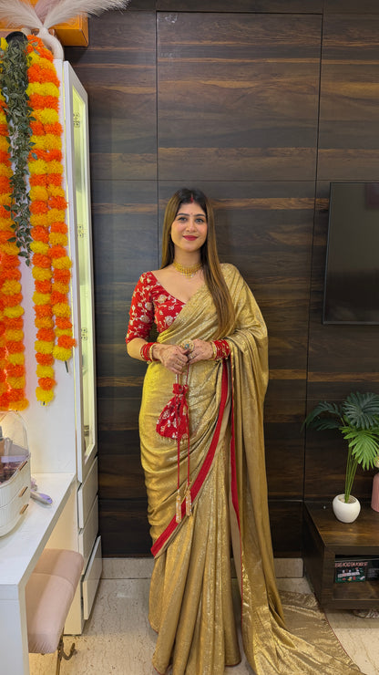 Golden Shimmer Saree with Red Border & Potli