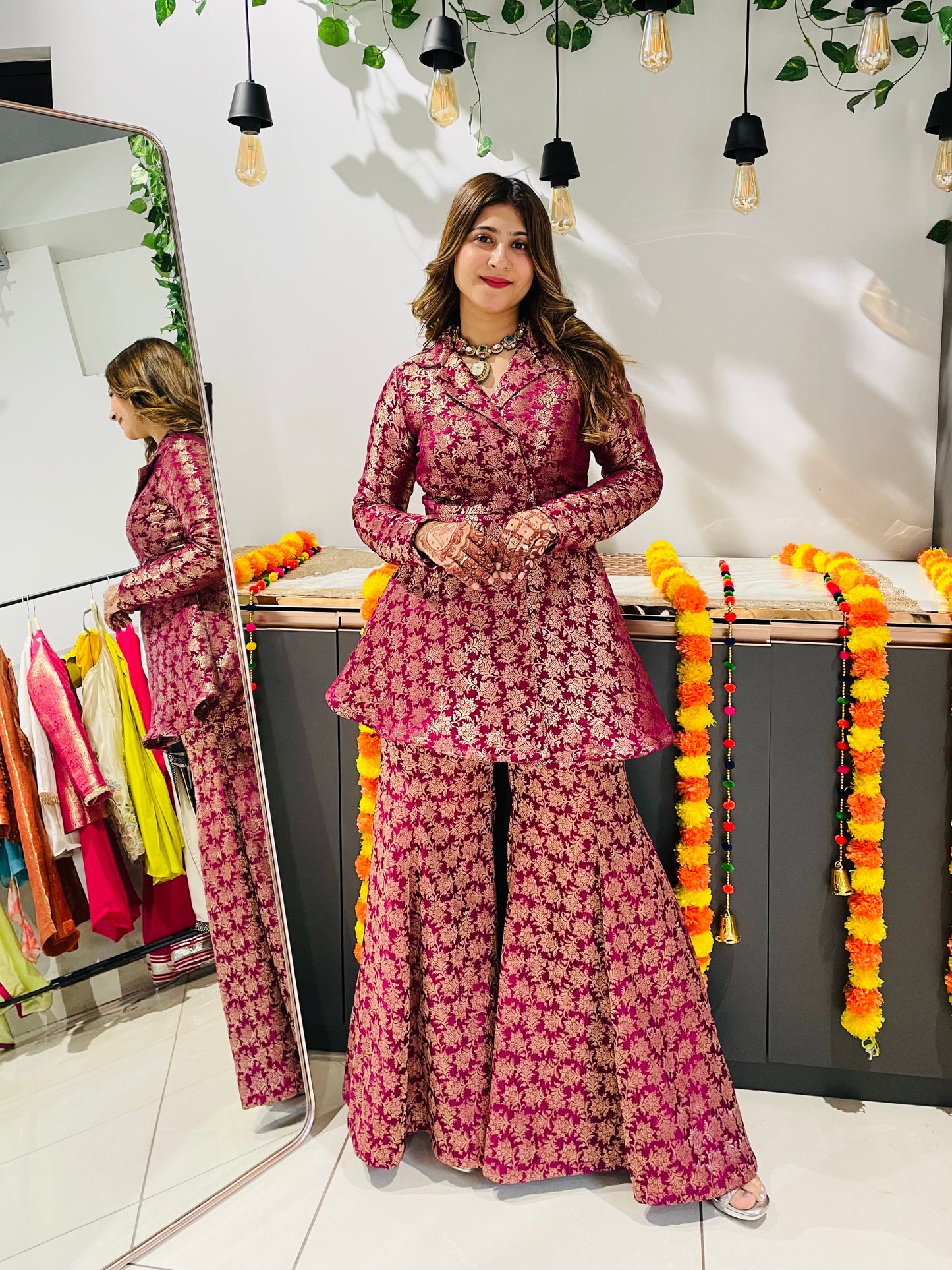 Royal Maroon Brocade Peplum Sharara Set – Festive & Wedding Wear for Women