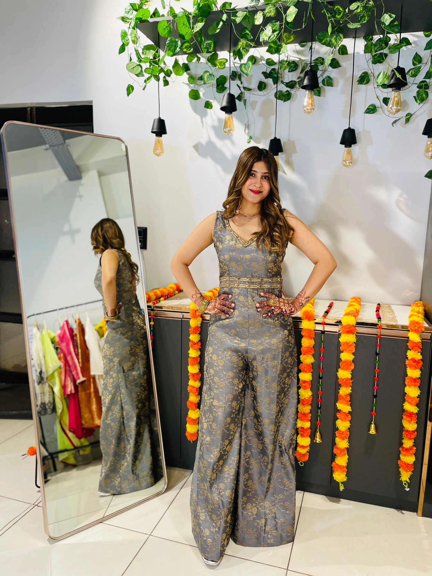 Elegant Grey Brocade Jumpsuit with String Tie-Back – Festive & Party Wear for Women