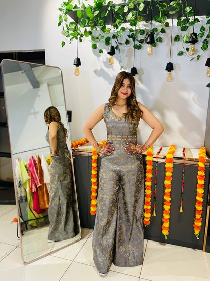 Elegant Grey Brocade Jumpsuit with String Tie-Back – Festive & Party Wear for Women