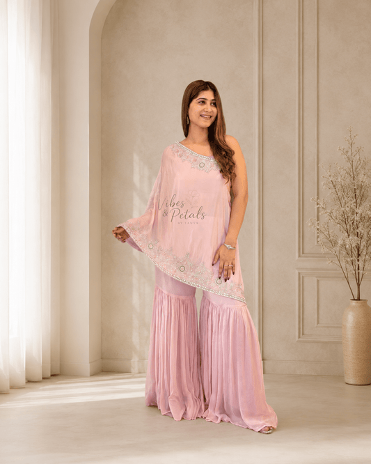 Baby Pink One Shoulder Cape Sharara Set - Vibes and Petals