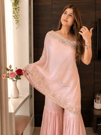 Baby Pink One Shoulder Cape Sharara Set - Vibes and Petals