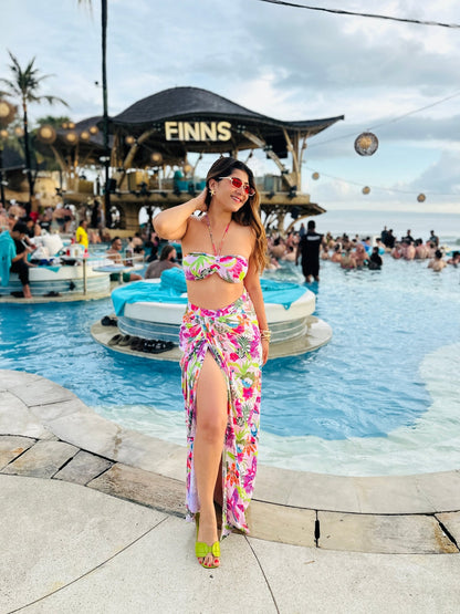 Bali Beach Club Floral Set | Bandeau Bikini & Matching Maxi Wrap Skirt - Vibes and Petals
