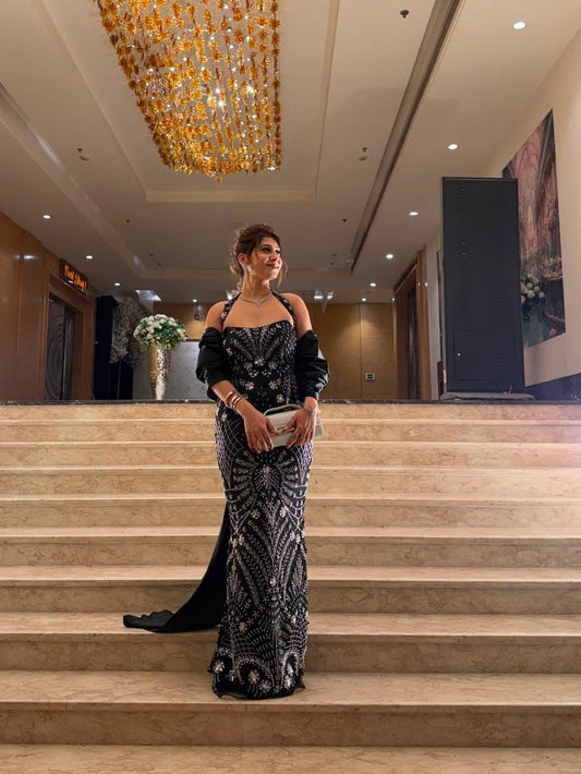 Black Hand-Embellished Sequin Evening Gown for Women | Luxury Party & Cocktail Dress - Vibes and Petals