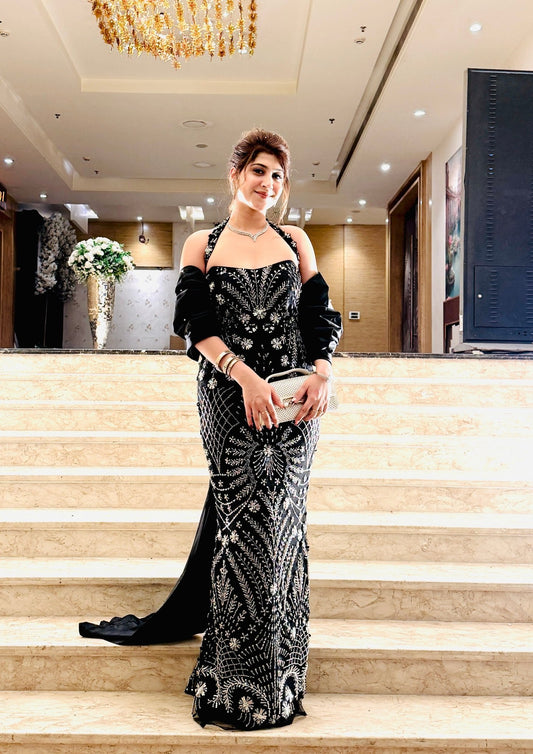 Black Hand-Embellished Sequin Evening Gown for Women | Luxury Party & Cocktail Dress - Vibes and Petals