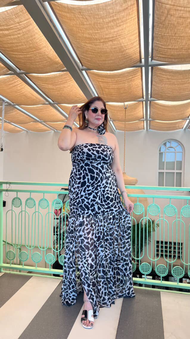 Black & White Animal Print Georgette Gown – Strapless Slit Maxi Dress Featured By Meenakshi Dutt - Vibes and Petals