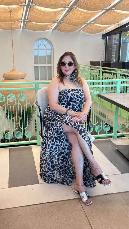 Black & White Animal Print Georgette Gown – Strapless Slit Maxi Dress Featured By Meenakshi Dutt - Vibes and Petals