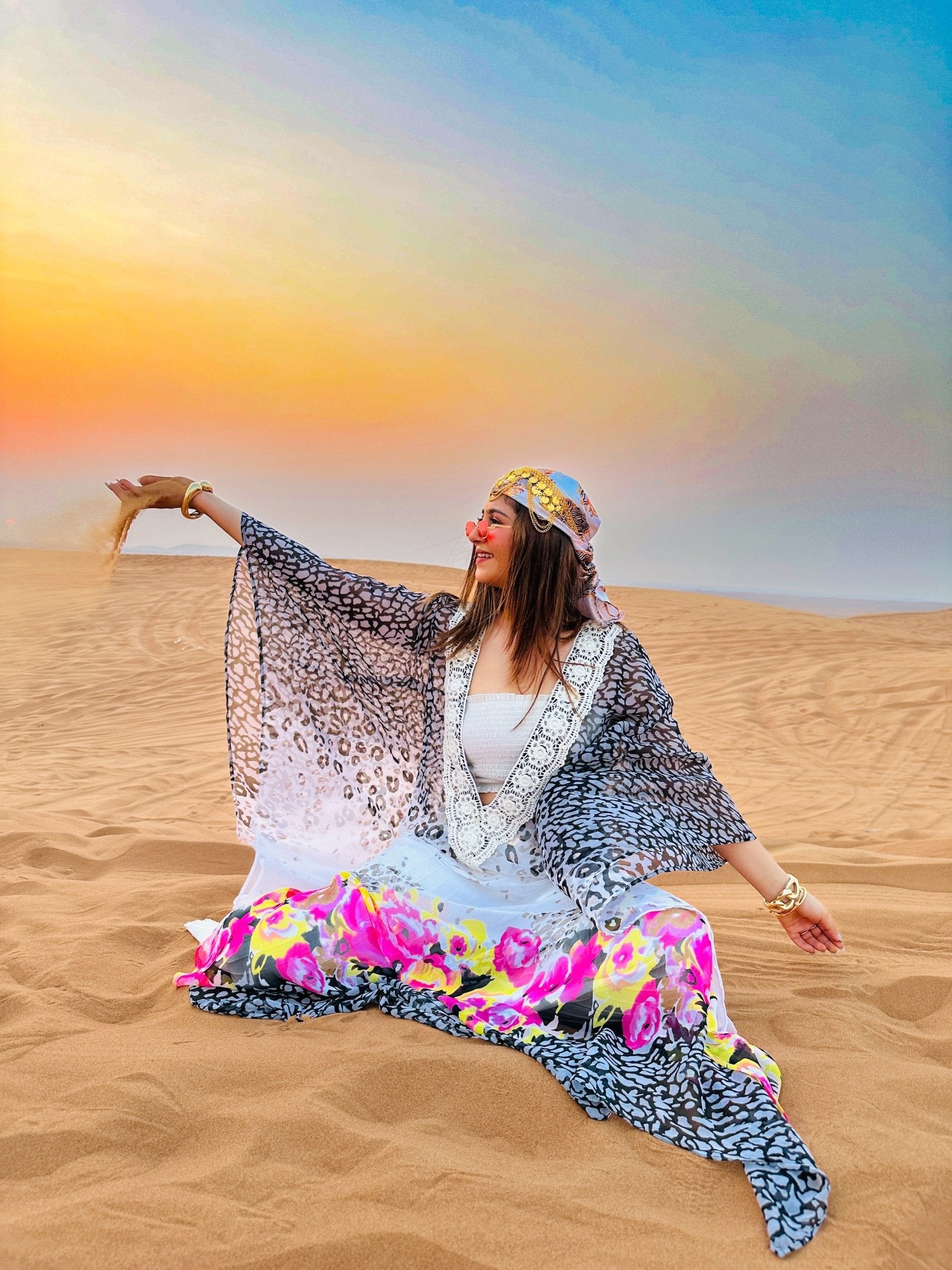 Boho Printed Kaftan with White Tube Top & Bottom – Resort Wear for Women - Vibes and Petals