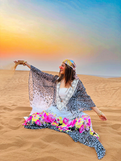 Boho Printed Kaftan with White Tube Top & Bottom – Resort Wear for Women