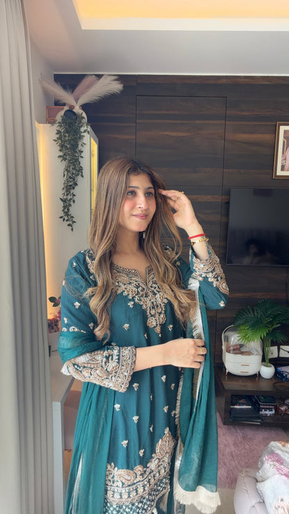Bottle Green Embroidered Suit Set with Dupatta - Vibes and Petals