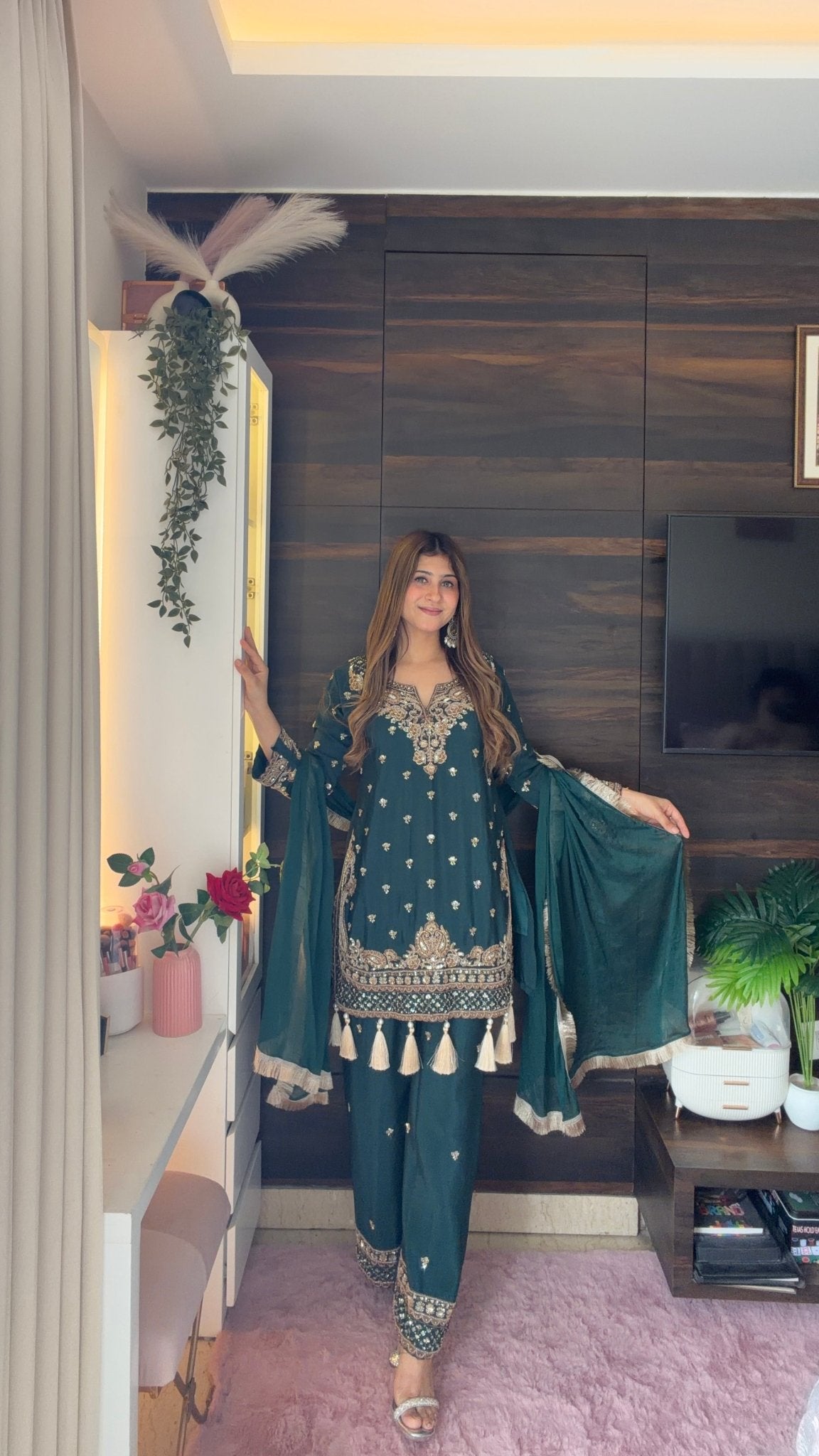 Bottle Green Embroidered Suit Set with Dupatta - Vibes and Petals