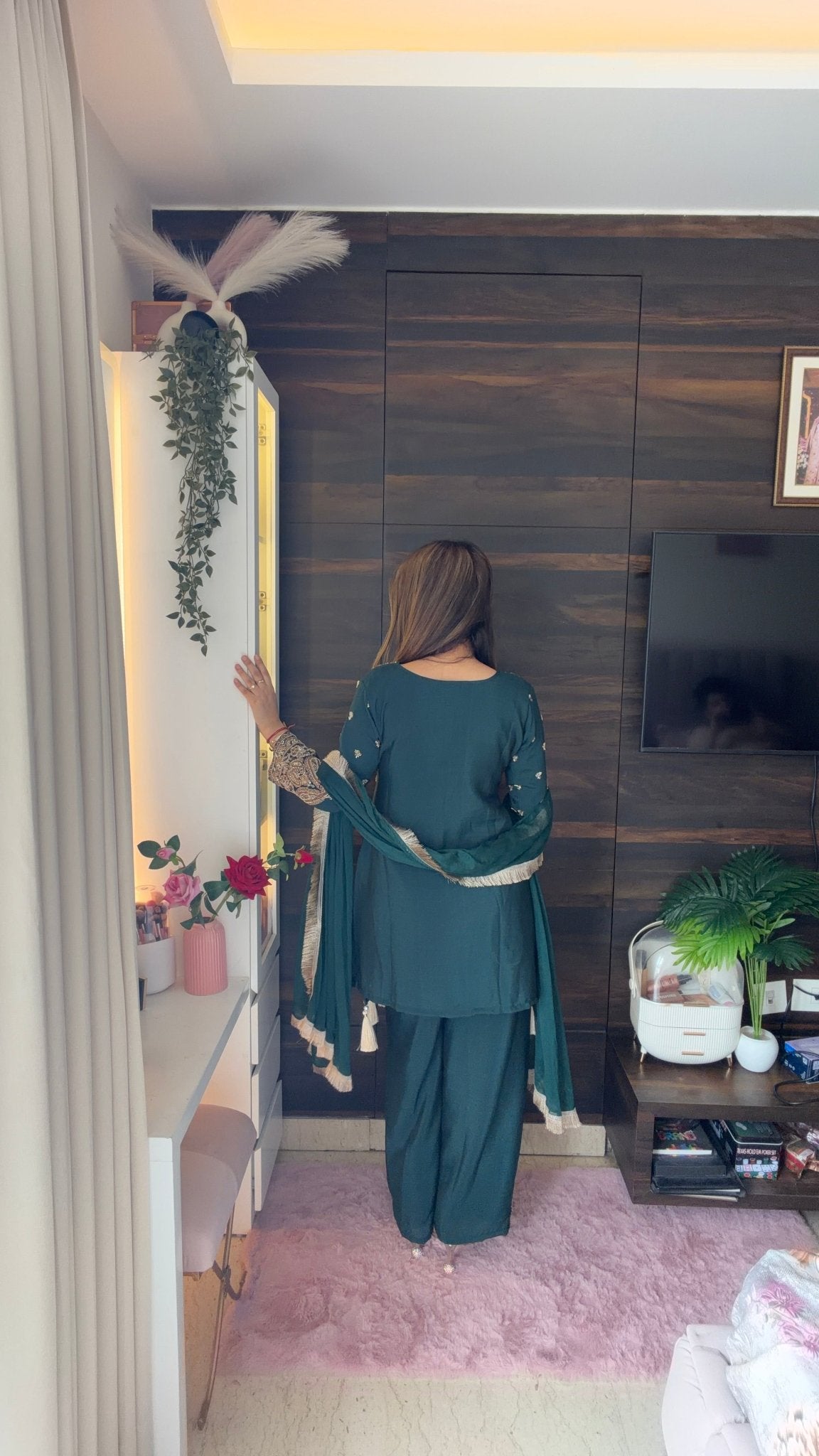 Bottle Green Embroidered Suit Set with Dupatta - Vibes and Petals