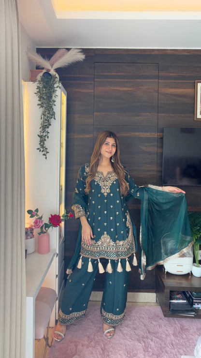 Bottle Green Embroidered Suit Set with Dupatta - Vibes and Petals