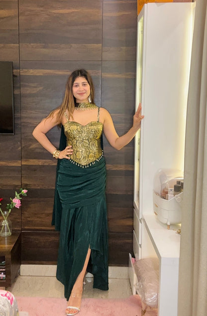Bottle Green Gold Corset Drape Skirt Set with Choker Dupatta - Vibes and Petals