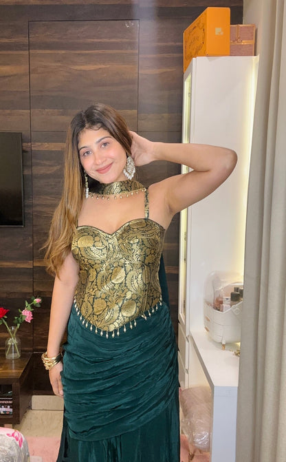 Bottle Green Gold Corset Drape Skirt Set with Choker Dupatta - Vibes and Petals