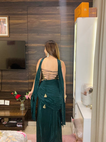 Bottle Green Gold Corset Drape Skirt Set with Choker Dupatta - Vibes and Petals