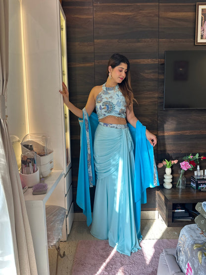 Bridesmaid Indo - Western Draped Skirt Set – Pastel Blue Embroidered Crop Top with Cape Dupatta - Vibes and Petals