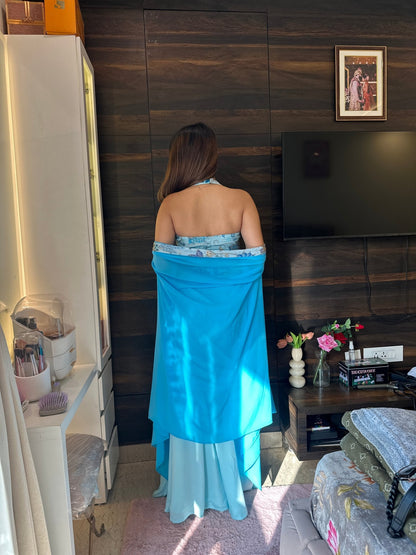 Bridesmaid Indo - Western Draped Skirt Set – Pastel Blue Embroidered Crop Top with Cape Dupatta - Vibes and Petals