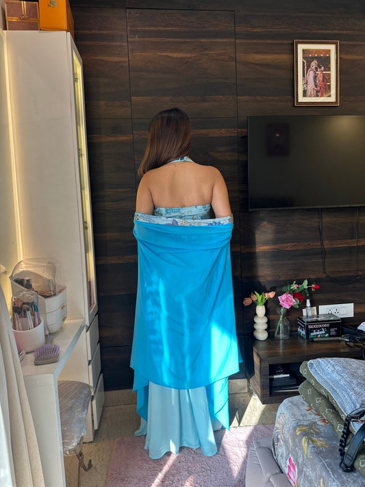 Bridesmaid Indo - Western Draped Skirt Set – Pastel Blue Embroidered Crop Top with Cape Dupatta - Vibes and Petals