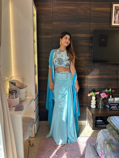 Bridesmaid Indo - Western Draped Skirt Set – Pastel Blue Embroidered Crop Top with Cape Dupatta - Vibes and Petals