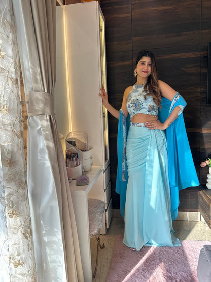 Bridesmaid Indo - Western Draped Skirt Set – Pastel Blue Embroidered Crop Top with Cape Dupatta - Vibes and Petals