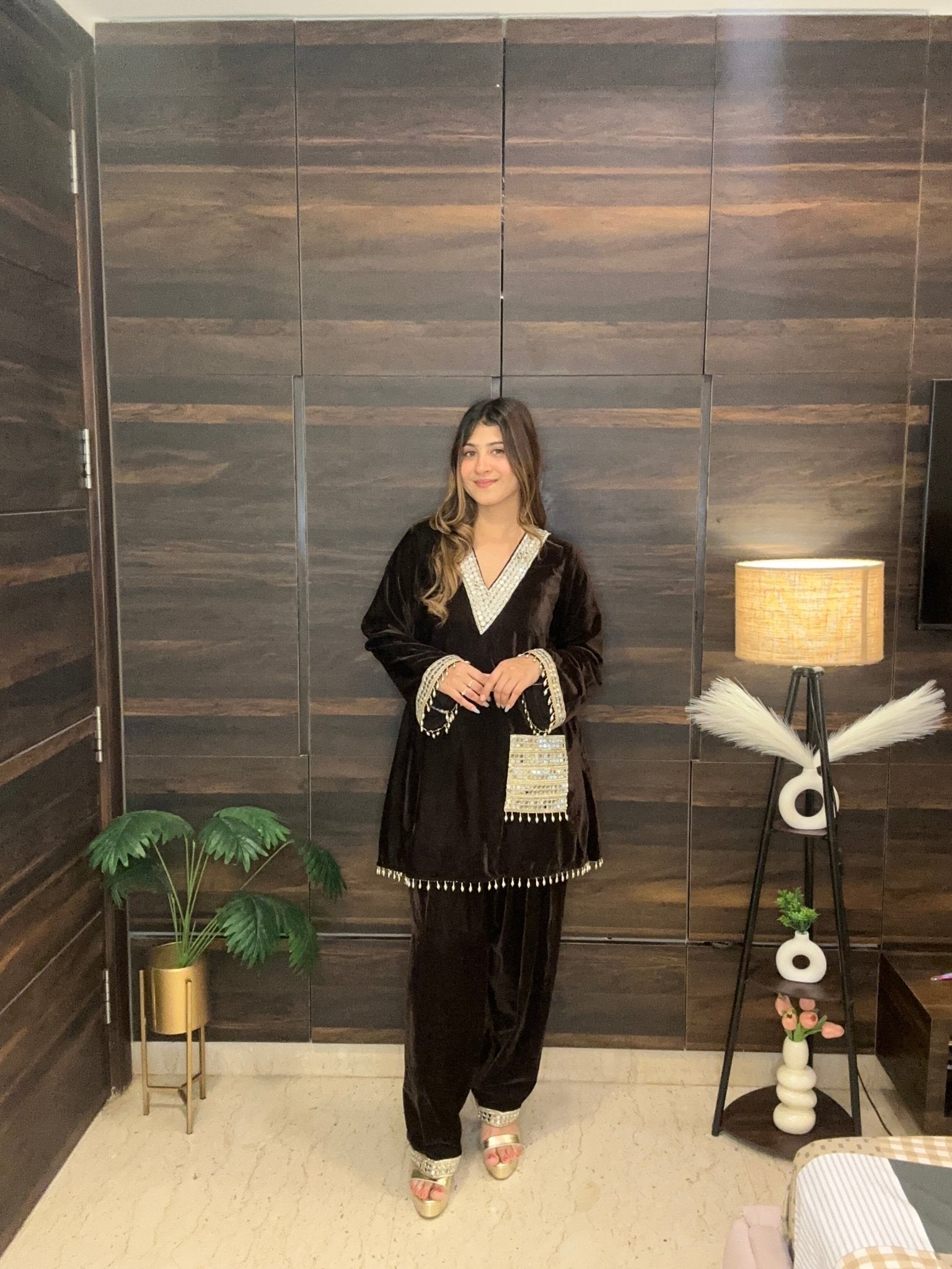 Chocolate Brown Velvet Co - ord Set with Heavy Mirror Work & Tassels - Vibes and Petals