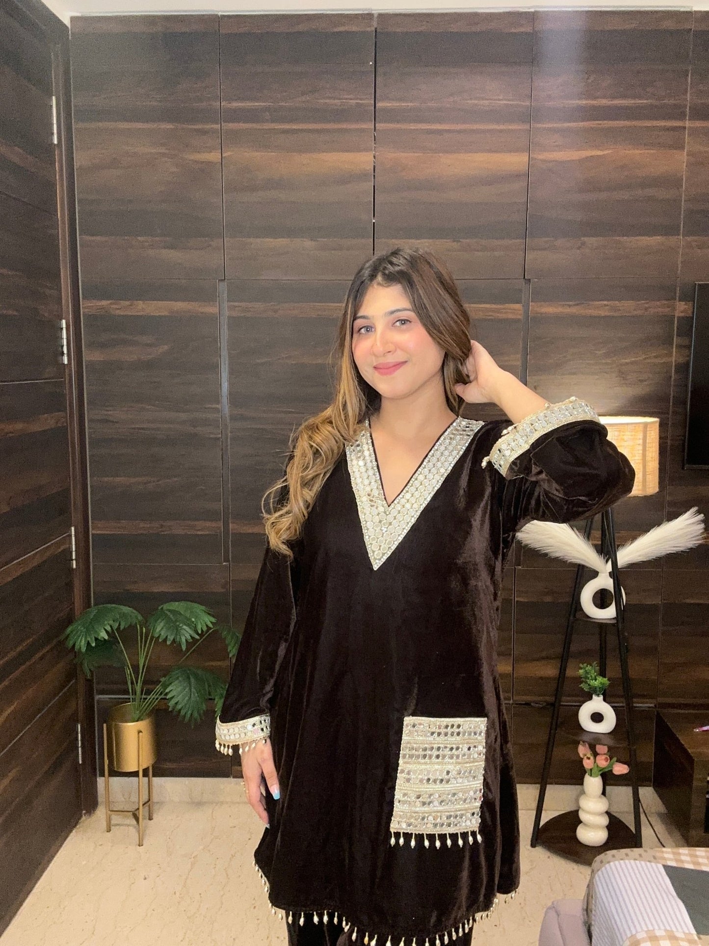 Chocolate Brown Velvet Co - ord Set with Heavy Mirror Work & Tassels - Vibes and Petals