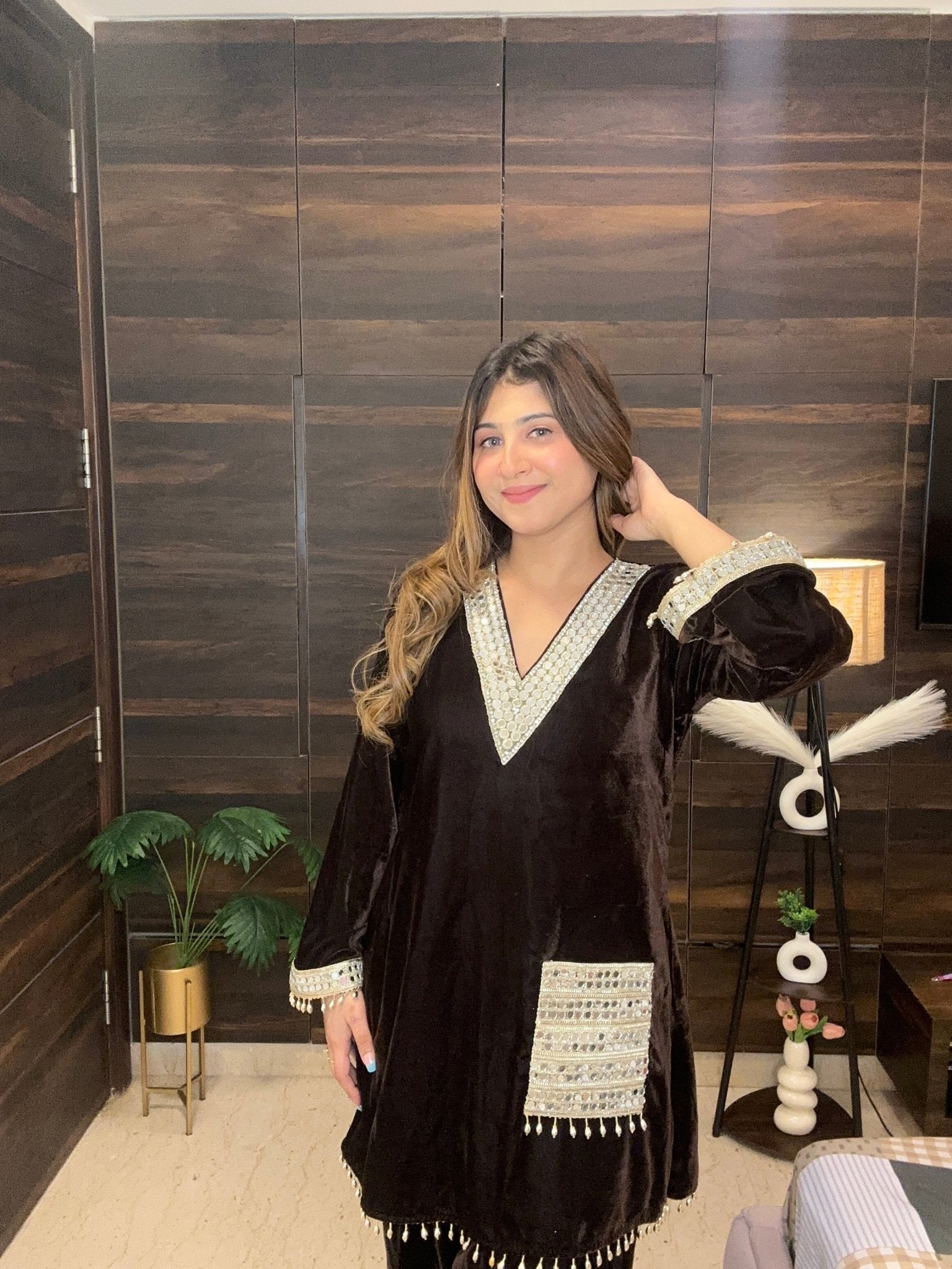 Chocolate Brown Velvet Co - ord Set with Heavy Mirror Work & Tassels - Vibes and Petals