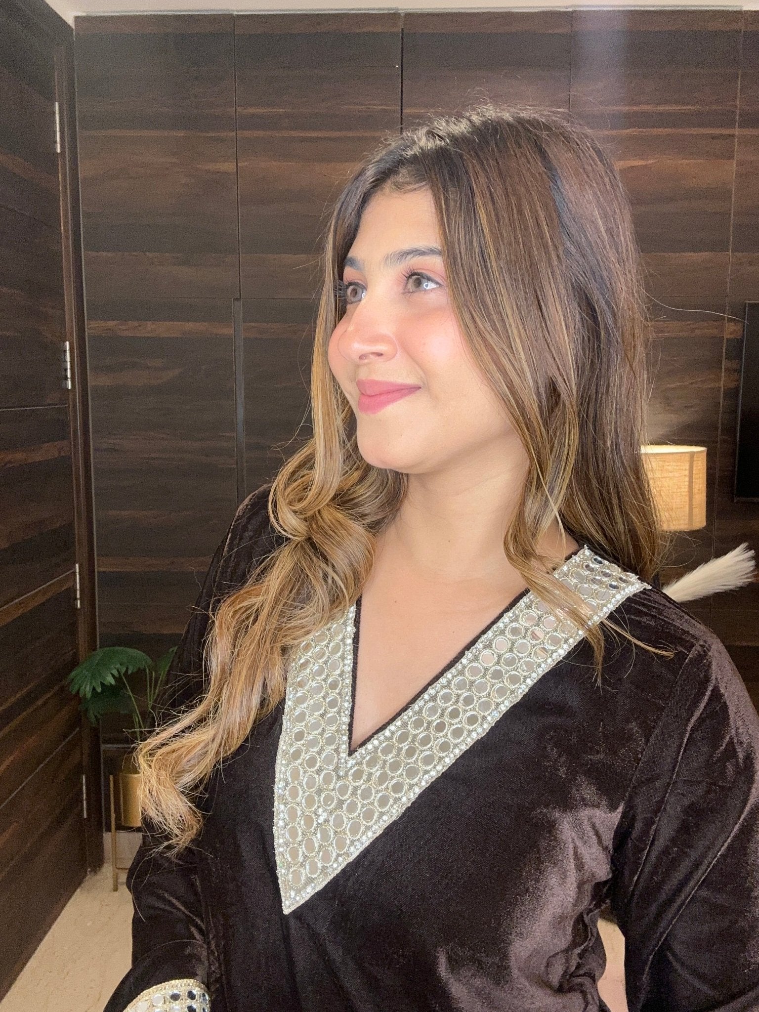 Chocolate Brown Velvet Co - ord Set with Heavy Mirror Work & Tassels - Vibes and Petals