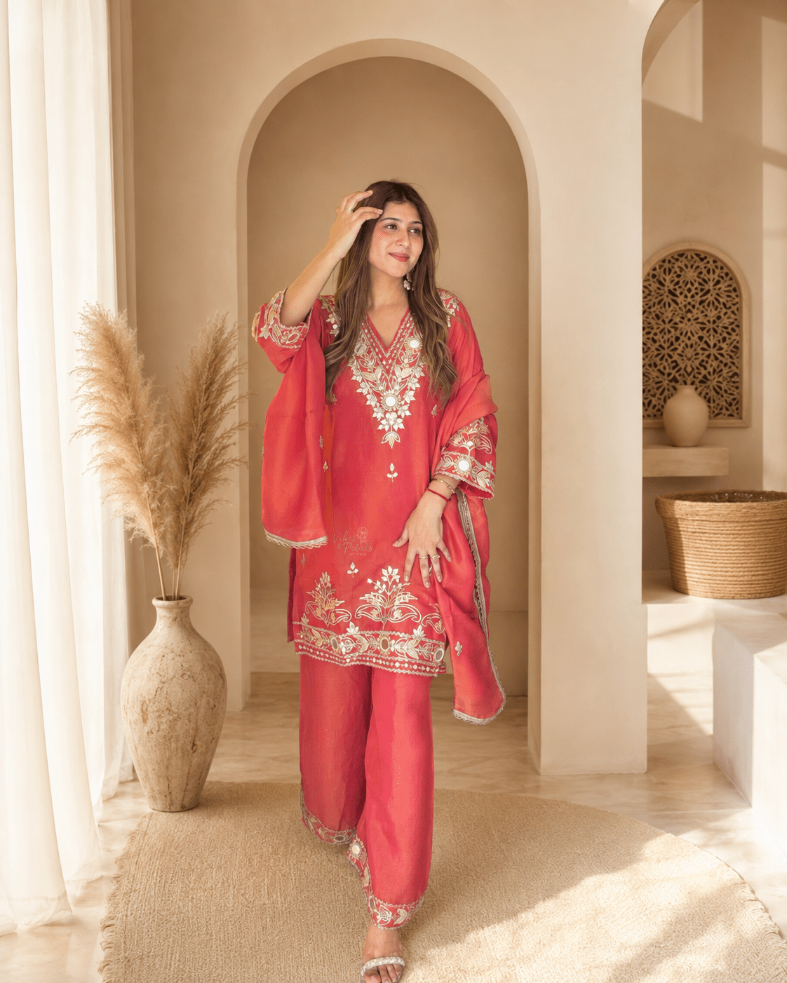 Coral Red Gota & Mirror Work Kurta Set with Palazzo Pants & Dupatta - Vibes and Petals
