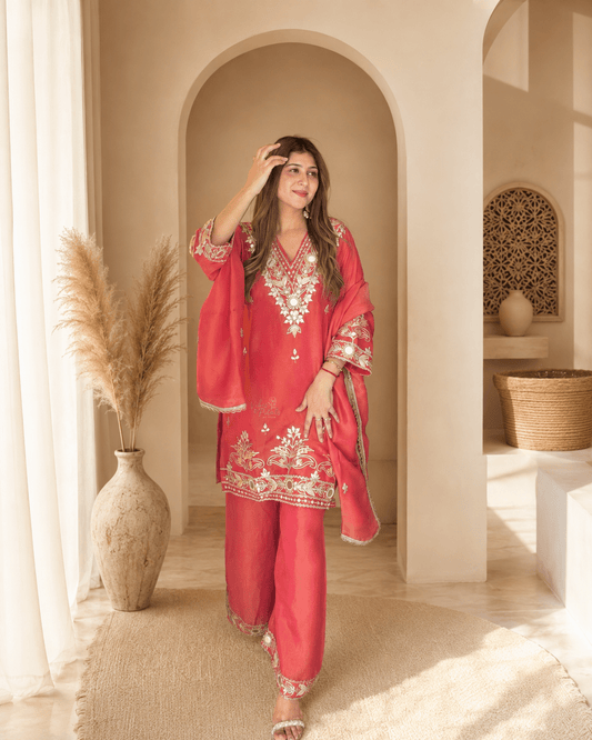 Coral Red Gota & Mirror Work Kurta Set with Palazzo Pants & Dupatta - Vibes and Petals