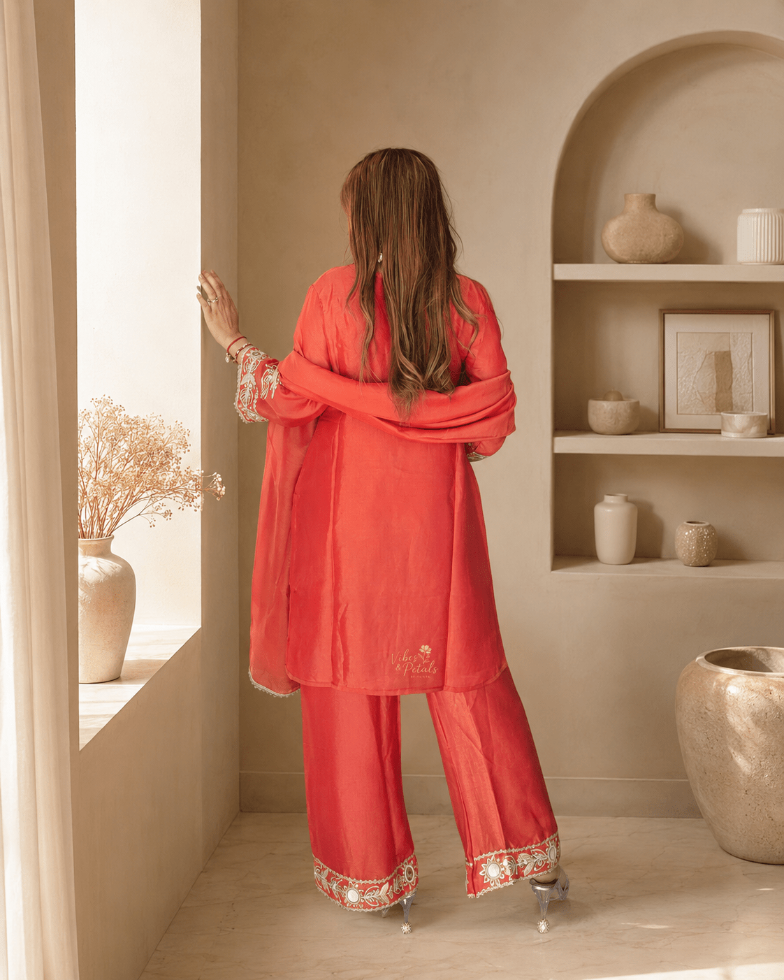 Coral Red Gota & Mirror Work Kurta Set with Palazzo Pants & Dupatta - Vibes and Petals