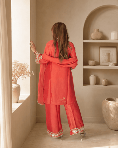 Coral Red Gota & Mirror Work Kurta Set with Palazzo Pants & Dupatta - Vibes and Petals