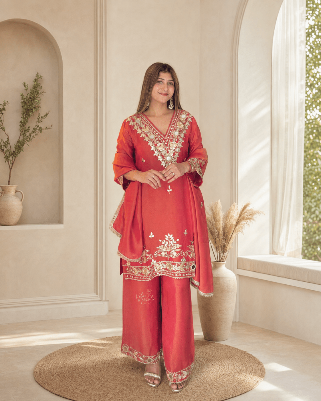 Coral Red Gota & Mirror Work Kurta Set with Palazzo Pants & Dupatta - Vibes and Petals