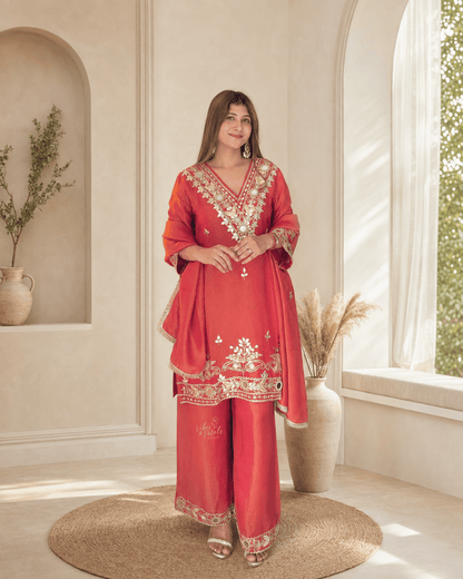 Coral Red Gota & Mirror Work Kurta Set with Palazzo Pants & Dupatta - Vibes and Petals