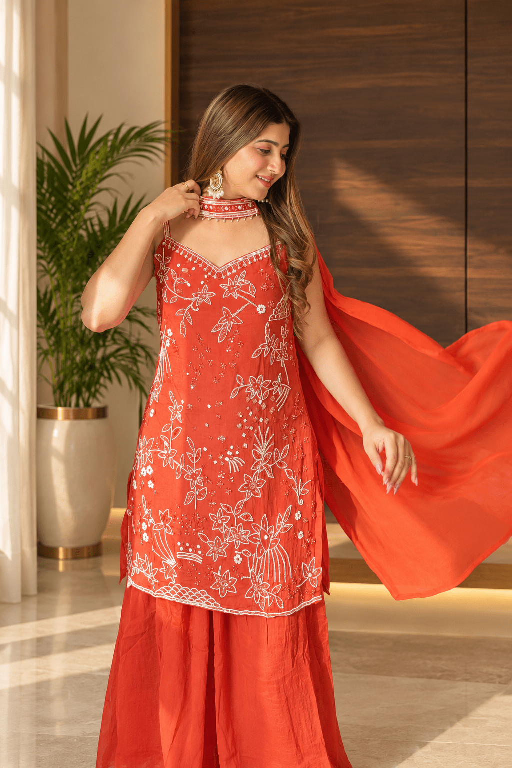 Coral Rust Floral Embroidered Sharara Set with Choker Dupatta - Vibes and Petals