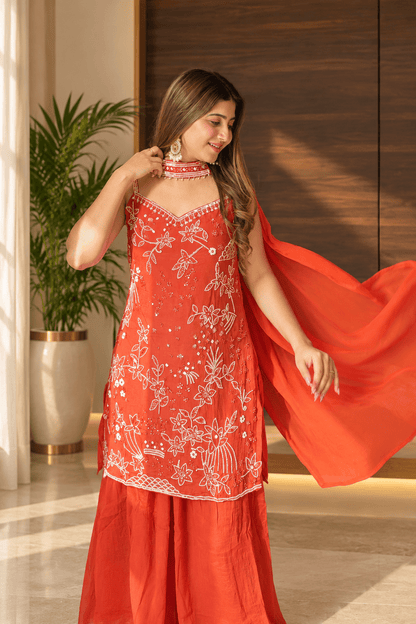 Coral Rust Floral Embroidered Sharara Set with Choker Dupatta - Vibes and Petals