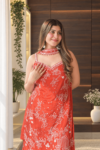 Coral Rust Floral Embroidered Sharara Set with Choker Dupatta - Vibes and Petals