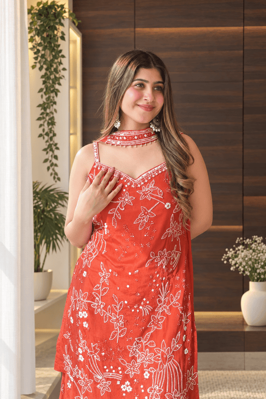 Coral Rust Floral Embroidered Sharara Set with Choker Dupatta - Vibes and Petals