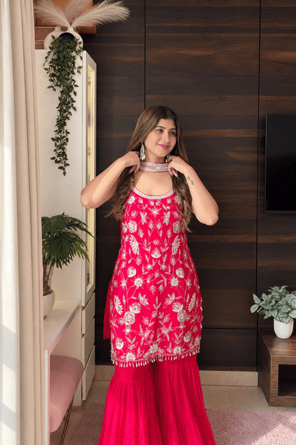 Dark Rani Pink Floral Embroidered Sharara Set with Choker Dupatta - Vibes and Petals