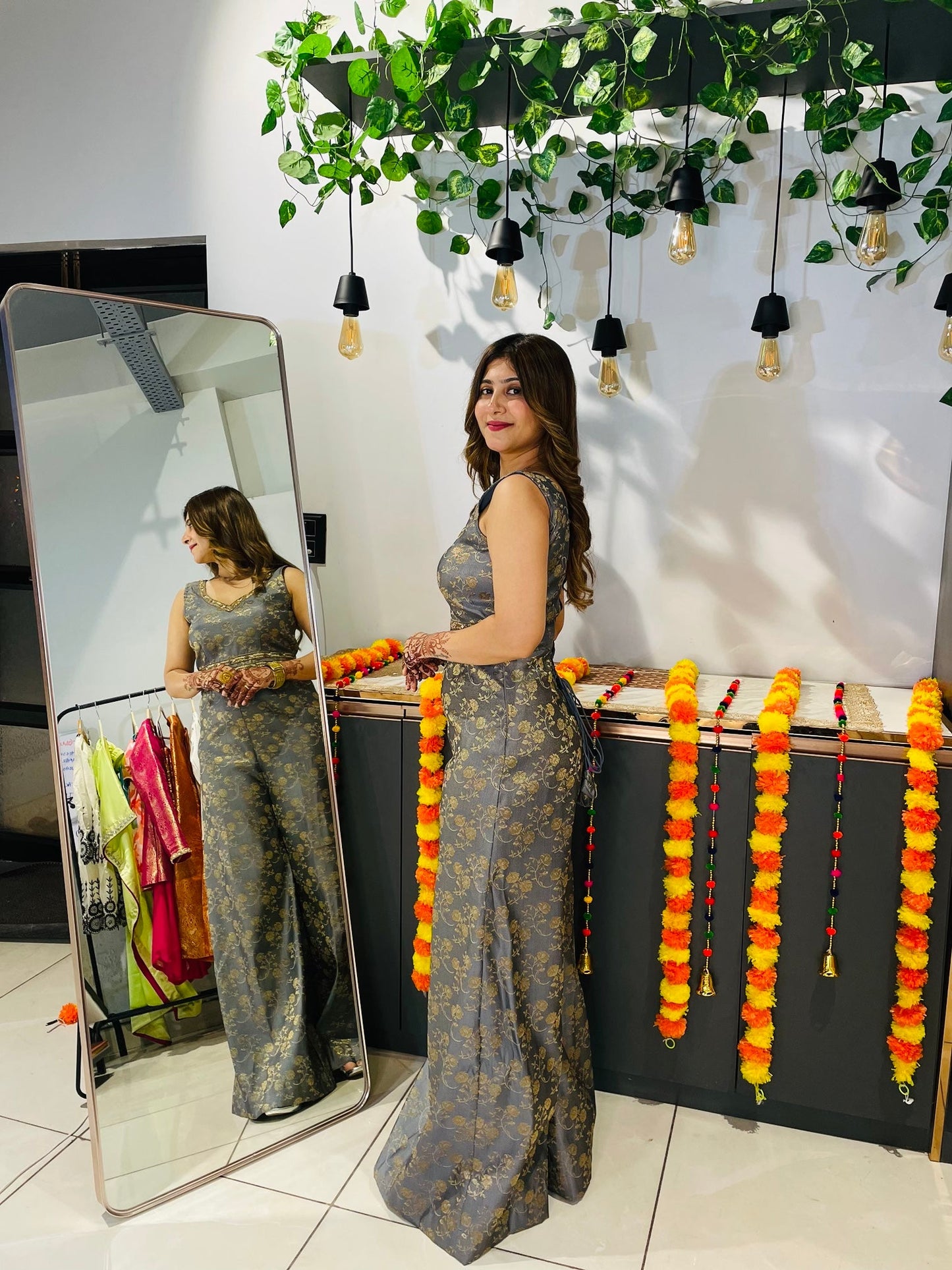 Elegant Grey Brocade Jumpsuit with String Tie - Back – Festive & Party Wear for Women - Vibes and Petals