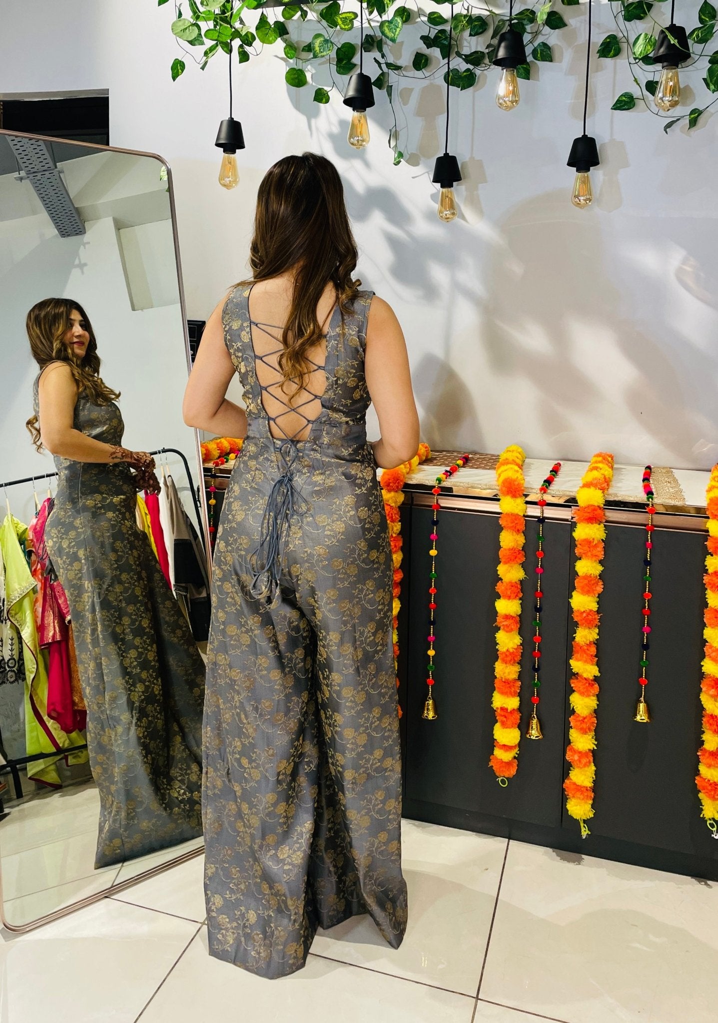 Elegant Grey Brocade Jumpsuit with String Tie - Back – Festive & Party Wear for Women - Vibes and Petals