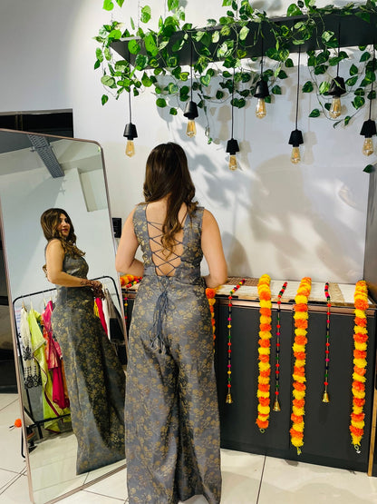 Elegant Grey Brocade Jumpsuit with String Tie - Back – Festive & Party Wear for Women - Vibes and Petals